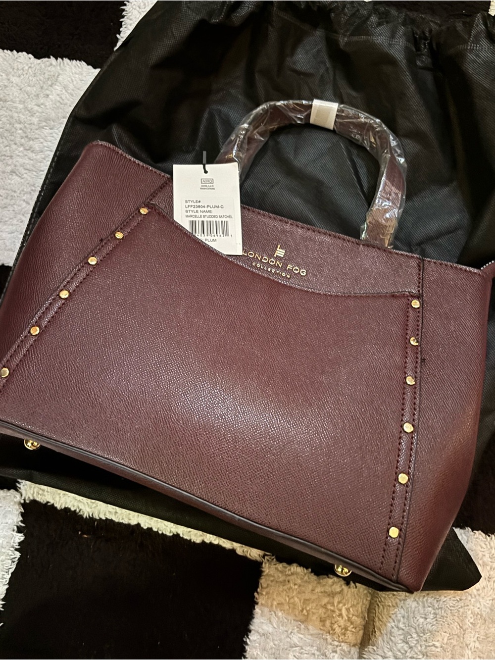 London Fog Plum Tote with Gold Stud Details